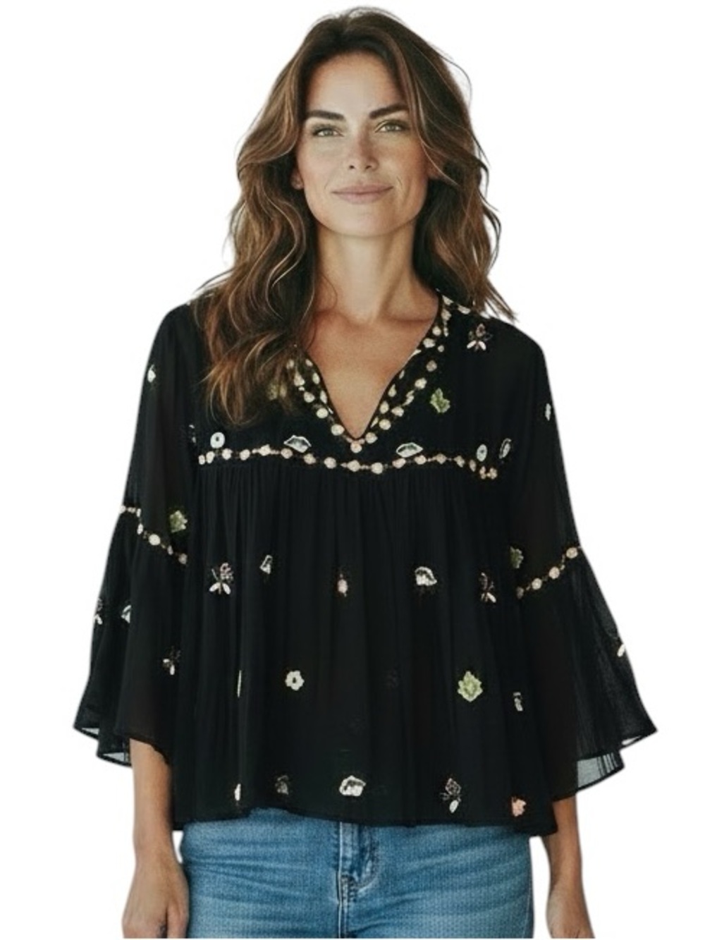 Anthro Muche et Muchette Embroidered V-Neck Black Peasant Blouse OS pullover top